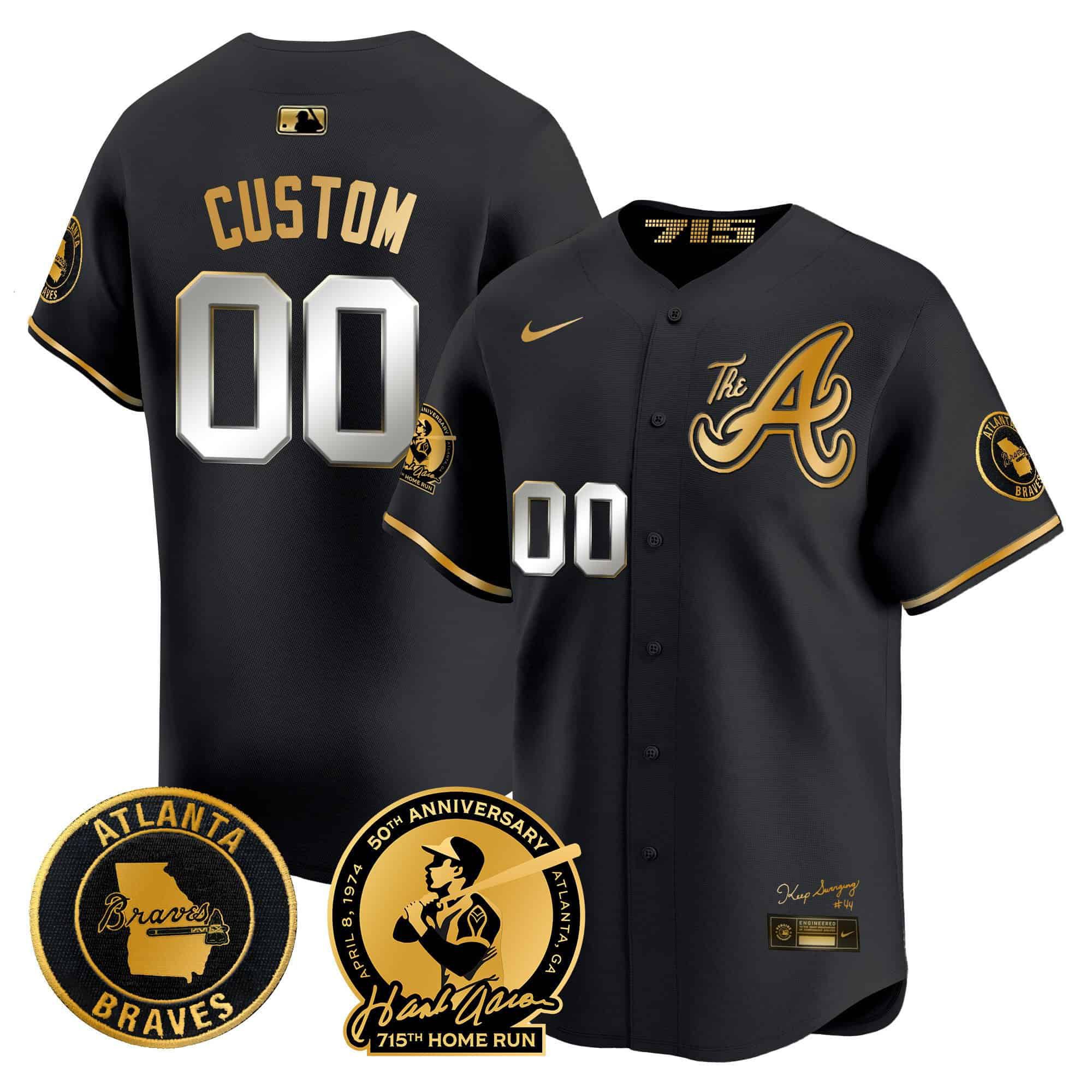 Men Atlanta Braves Black 2024 Nike Hank Aaron 715th Home Run Patch Vapor Premier Limited Custom MLB Jersey->customized mlb jersey->Custom Jersey